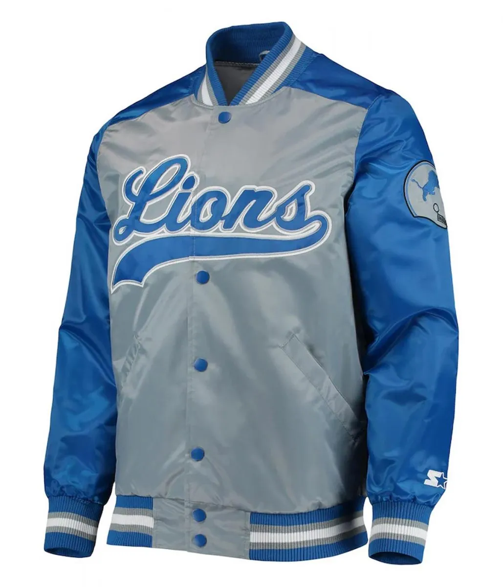 Detroit Lions The Tradition II Grey and Blue Varsity Satin Jacket Detroit Lions The Tradition II Grey and Blue Varsity Satin Jacket