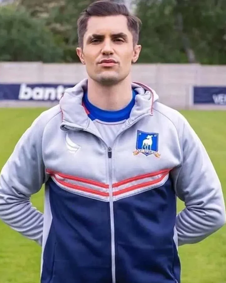 Phil Dunster Ted Lasso Grey and Blue Hooded Jacket Phil Dunster Ted Lasso Grey and Blue Hooded Jacket