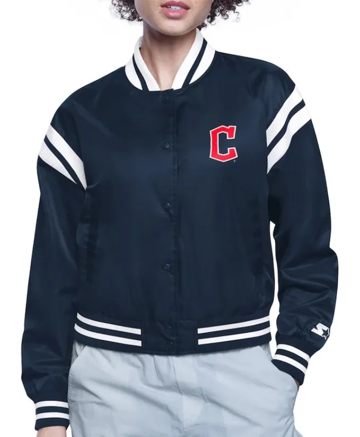 Printed Logo Cleveland Guardians Satin Varsity Jacket Printed Logo Cleveland Guardians Satin Varsity Jacket