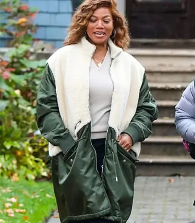 Queen Latifah The Equalizer Green and White Shearling Coat