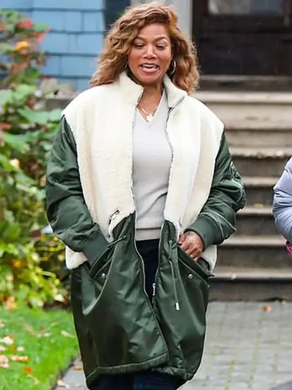 Queen Latifah The Equalizer Green and White Shearling Coat