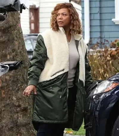 Queen Latifah The Equalizer Green and White Shearling Coat