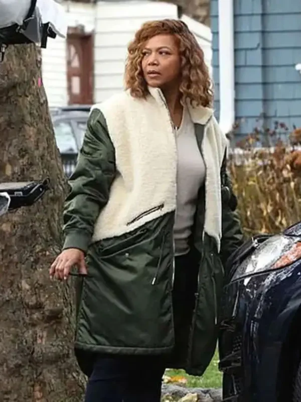 Queen Latifah The Equalizer Green and White Shearling Coat
