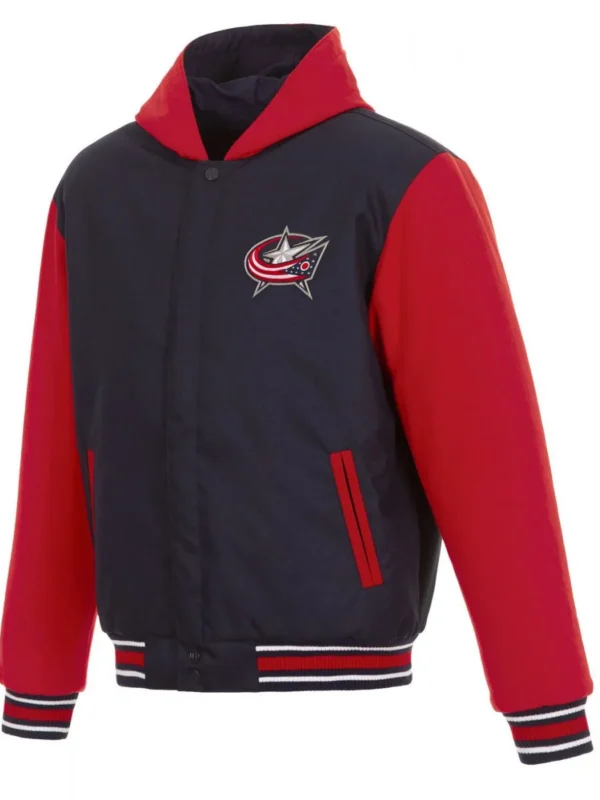Red and Blue Columbus Blue Jackets Hooded Wool Jacket