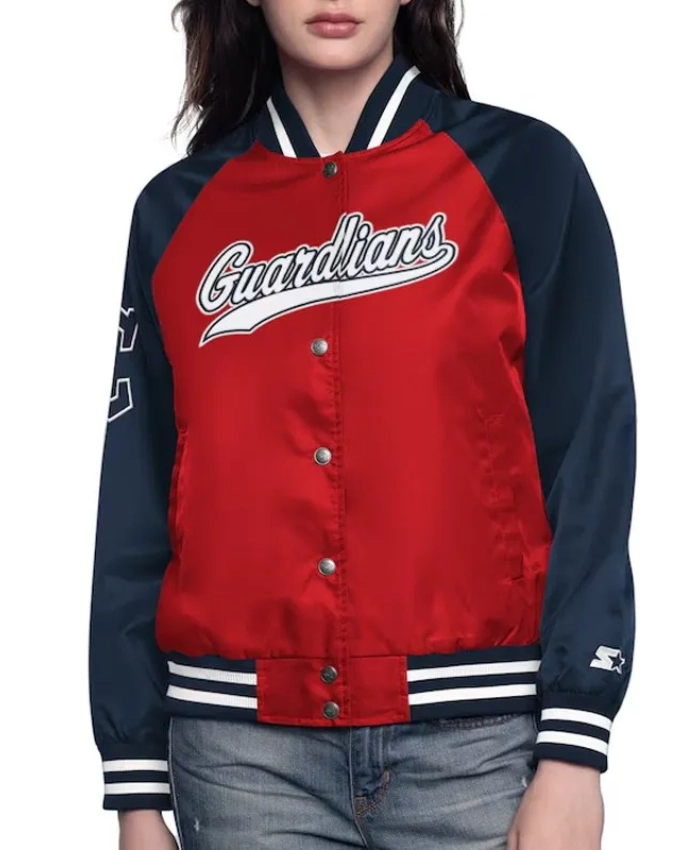 Red/Navy Cleveland Guardians Home Run Varsity Satin Jacket Red/Navy Cleveland Guardians Home Run Varsity Satin Jacket