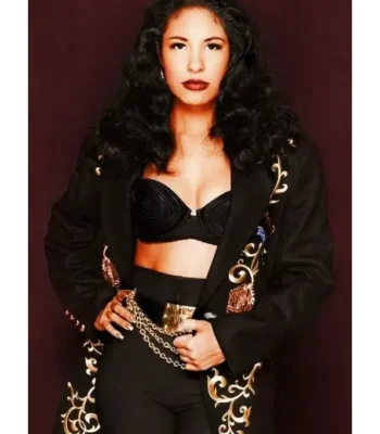 Singer Selena Quintanilla Embroidered Black Long Coat