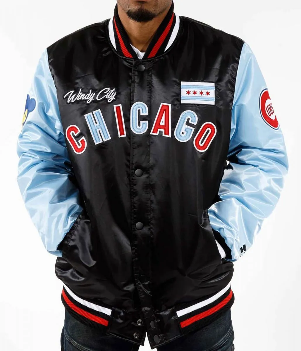 Starter Chicago Cubs Color Block Bomber Varsity Satin Jacket Starter Chicago Cubs Color Block Bomber Varsity Satin Jacket