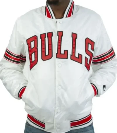 Striped Chicago Bulls White Satin Jacket