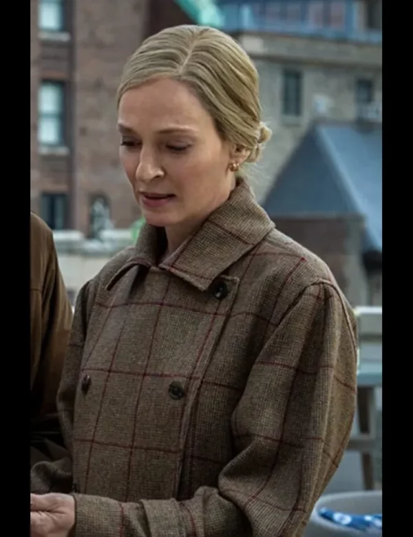 Suspicion S01 Uma Thurman Brown Checkered Coat Suspicion S01 Uma Thurman Brown Checkered Coat