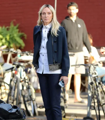 The Kill Room Uma Thurman Blue Wool Trench Jacket