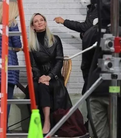 Uma Thurman The Kill Room 2023 Black Leather Coat