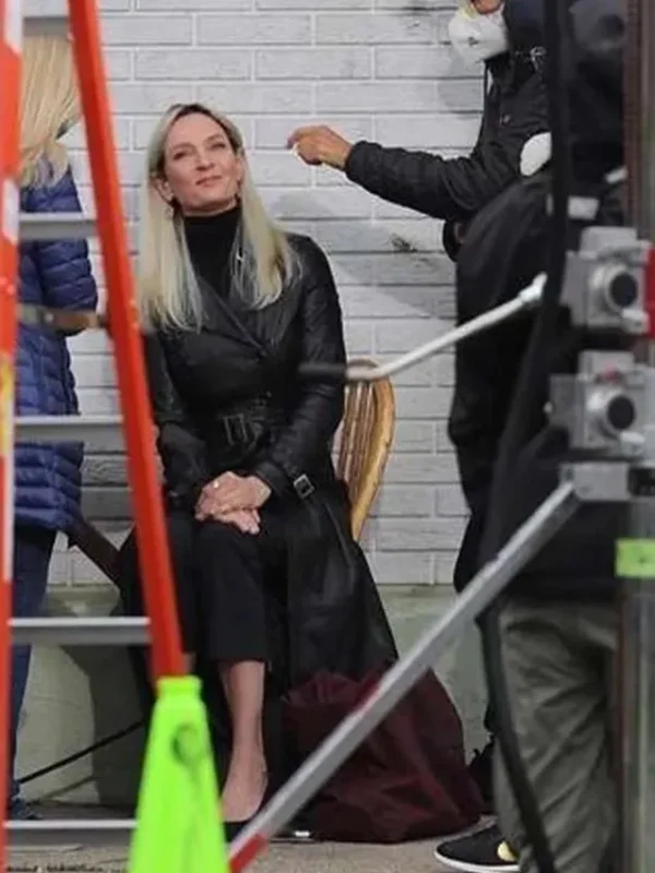 Uma Thurman The Kill Room 2023 Black Leather Coat