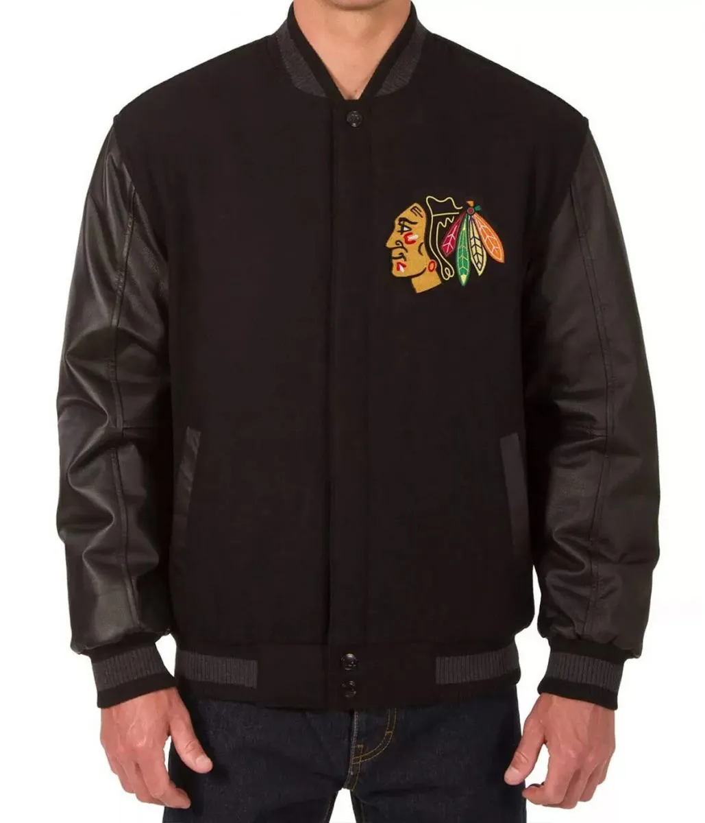 Varsity Chicago Blackhawks Black Wool-Leather Jacket Varsity Chicago Blackhawks Black Wool-Leather Jacket