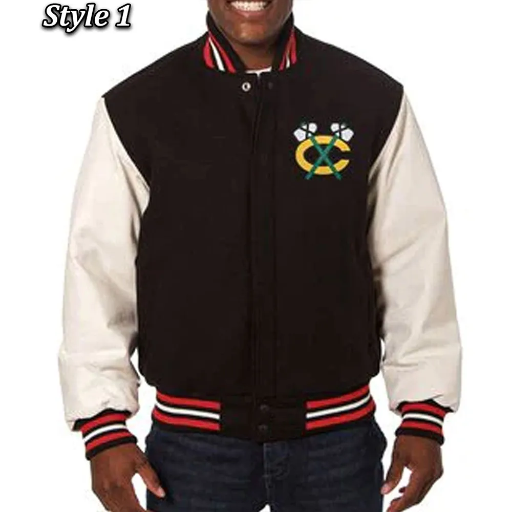 Varsity Chicago Blackhawks White and Black Jacket Varsity Chicago Blackhawks White and Black Jacket