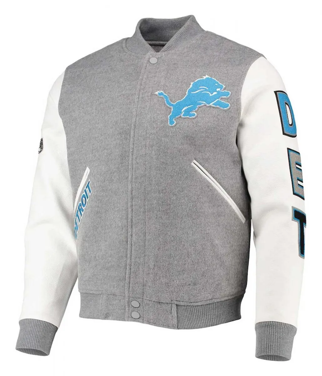 Varsity Detroit Lions Grey and White Jacket Varsity Detroit Lions Grey and White Jacket