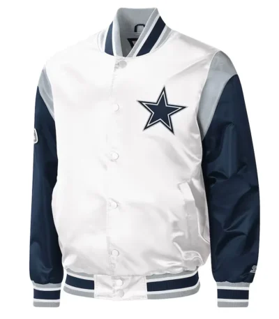 Warm-Up Pitch Dallas Cowboys White and Blue Varsity Satin Jacket