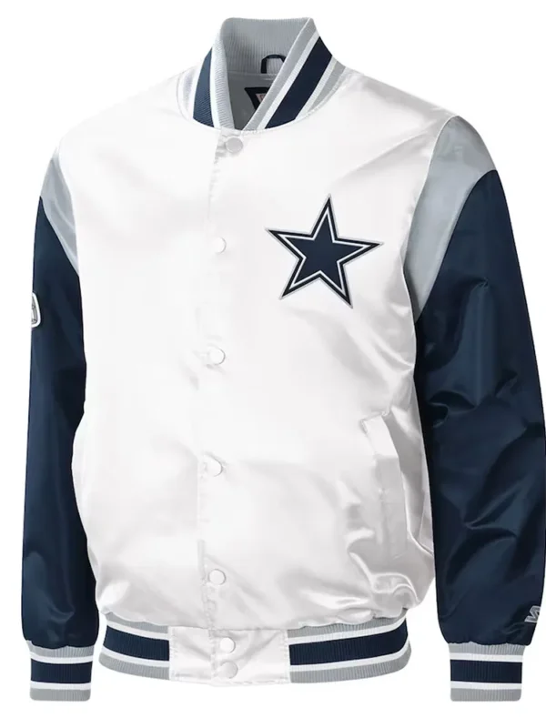 Warm-Up Pitch Dallas Cowboys White and Blue Varsity Satin Jacket