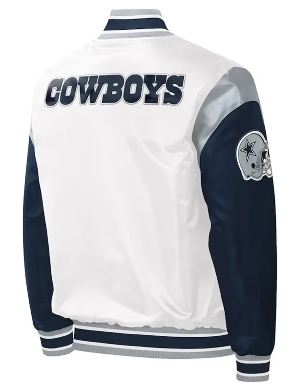 Warm-Up Pitch Dallas Cowboys White and Blue Varsity Satin Jacket