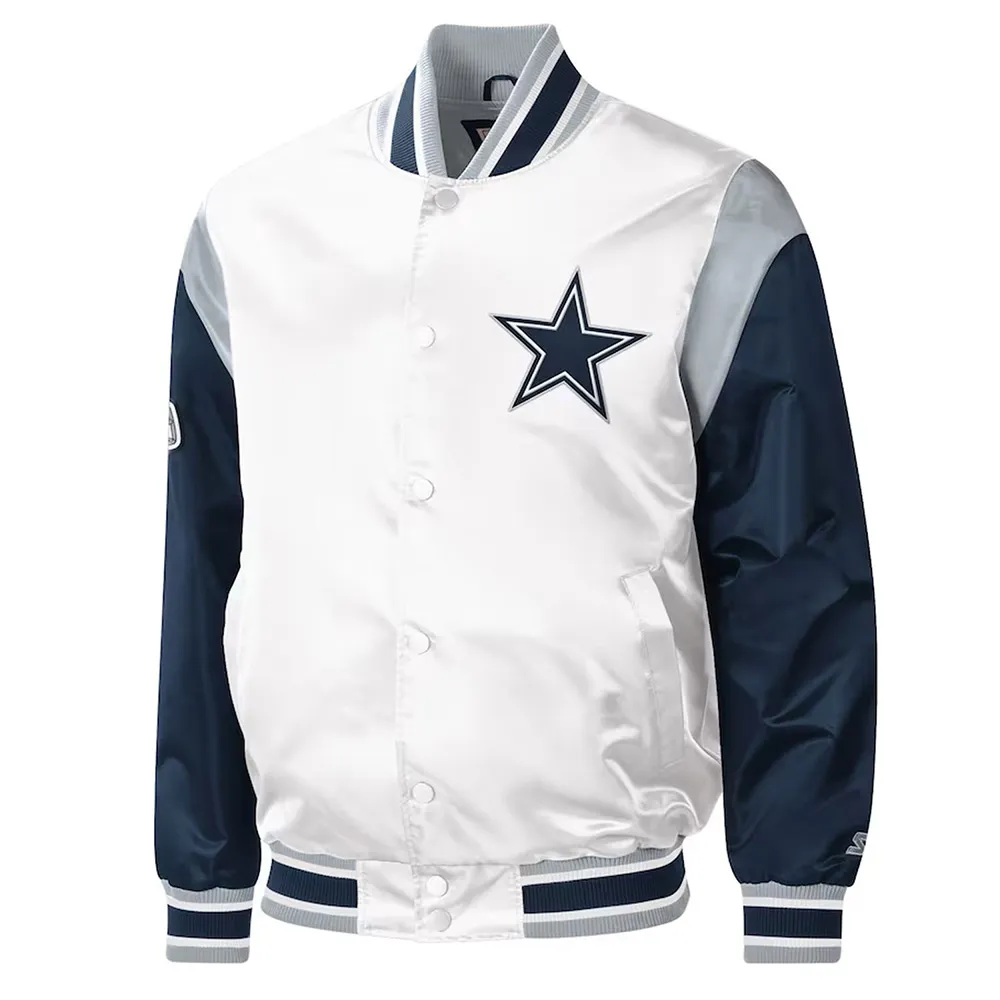 Warm-Up Pitch Dallas Cowboys White and Blue Varsity Satin Jacket Warm-Up Pitch Dallas Cowboys White and Blue Varsity Satin Jacket