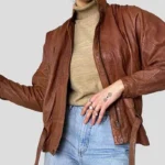 Brown Zip Closure 90s Vintage Leather Jacket