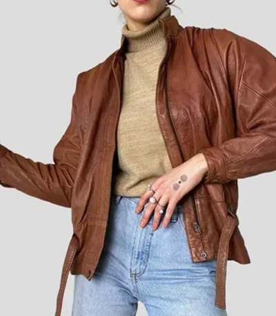Brown Zip Closure 90s Vintage Leather Jacket
