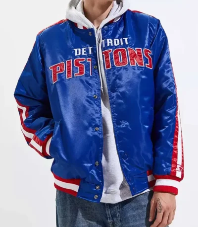 Striped Varsity Detroit Pistons Blue Satin Jacket