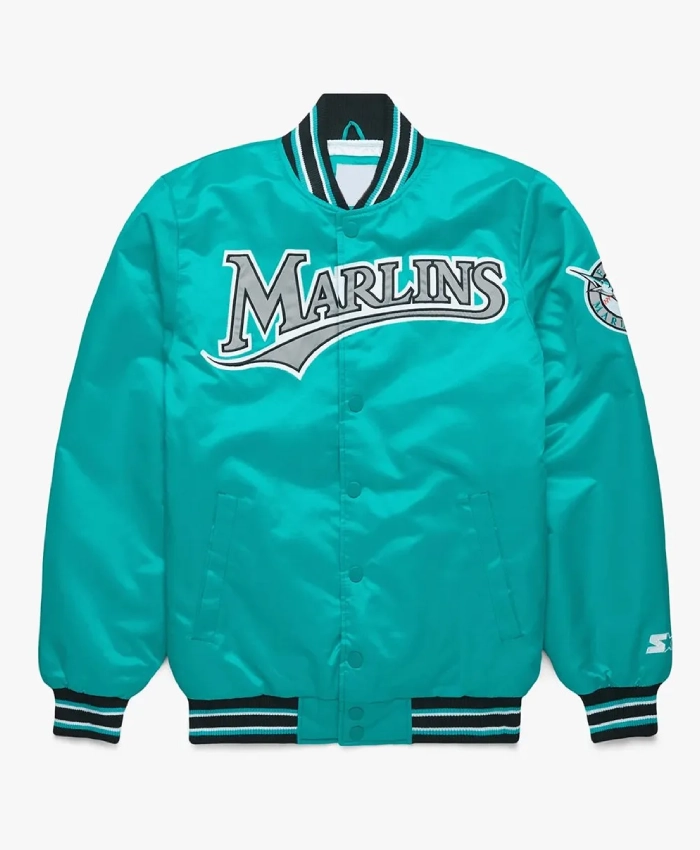 Miami Marlins Classic Teal Varsity Satin Jacket Miami Marlins Classic Teal Varsity Satin Jacket