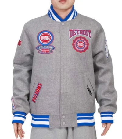 Detroit Pistons Crest Emblem Grey Varsity Jacket