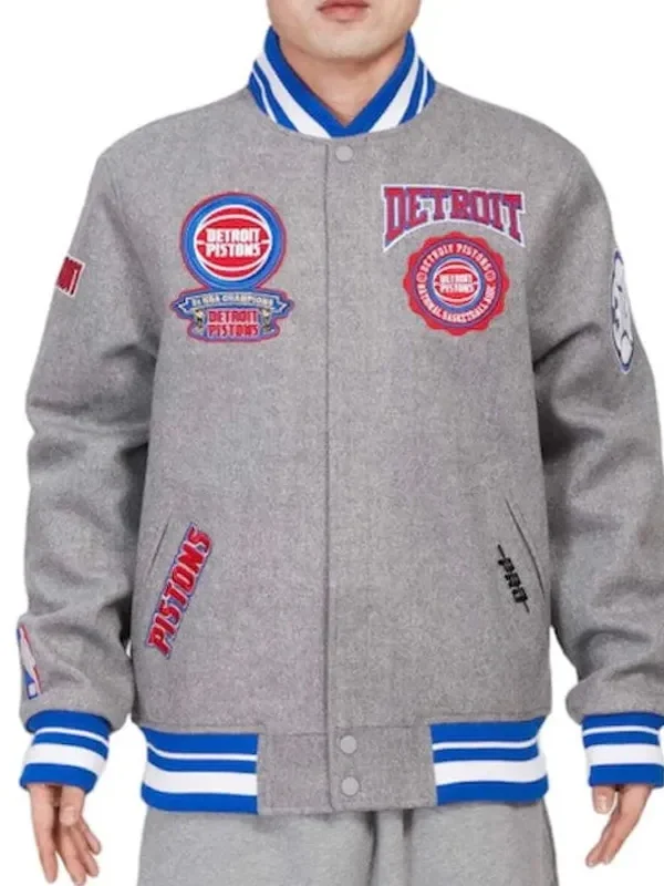 Detroit Pistons Crest Emblem Grey Varsity Jacket