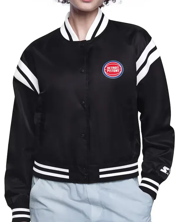Detroit Pistons Printed Logo Satin Varsity Jacket Detroit Pistons Printed Logo Satin Varsity Jacket