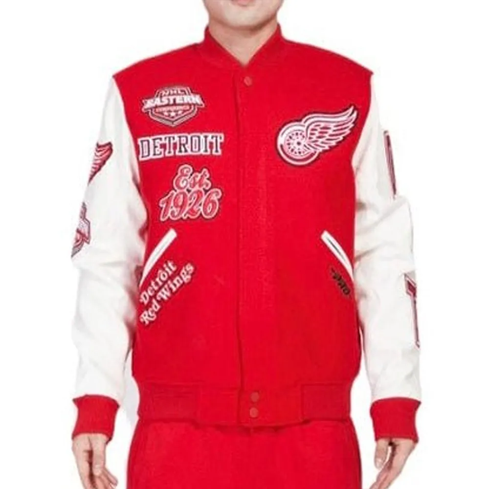 Detroit Red Wings Animal Patches Red Varsity Jacket Detroit Red Wings Animal Patches Red Varsity Jacket
