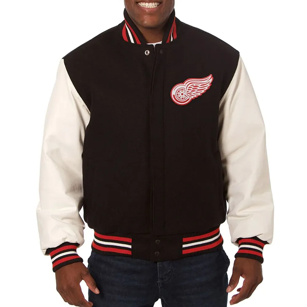 Detroit Red Wings Black and White Two-Tone Varsity Jacket Detroit Red Wings Black and White Two-Tone Varsity Jacket