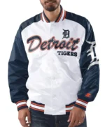 Detroit Tigers White and Navy Varsity Satin Jacket