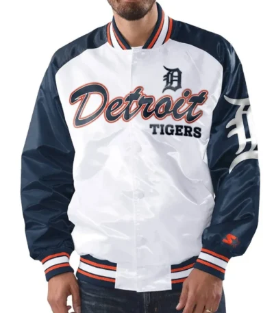 Detroit Tigers White and Navy Varsity Satin Jacket