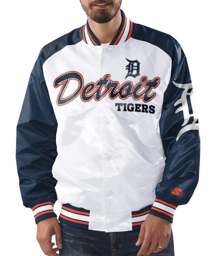 Detroit Tigers White and Navy Varsity Satin Jacket Detroit Tigers White and Navy Varsity Satin Jacket