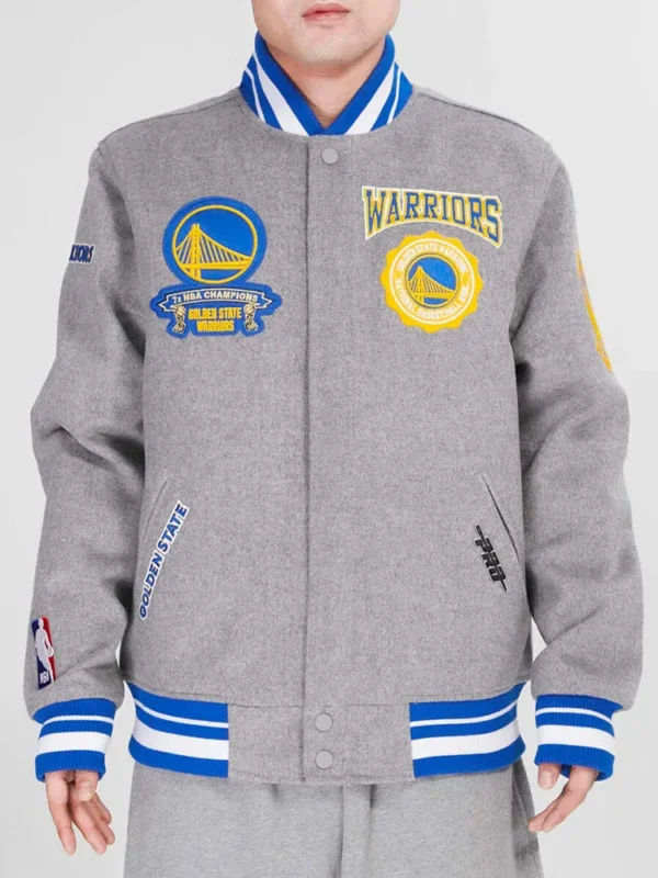 Golden State Warriors Crest Emblem Heather Grey Varsity Wool Jacket