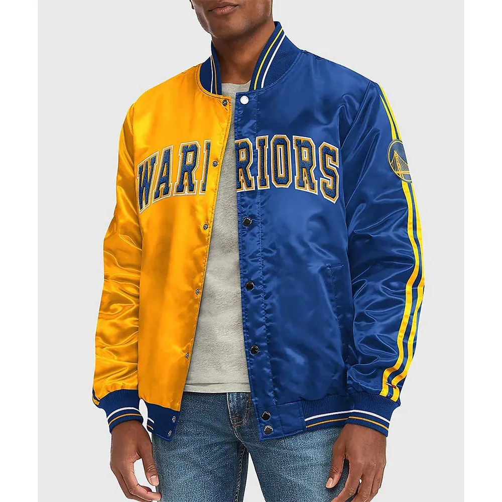 Golden State Warriors Varsity Yellow and Blue Satin Jacket Golden State Warriors Varsity Yellow and Blue Satin Jacket