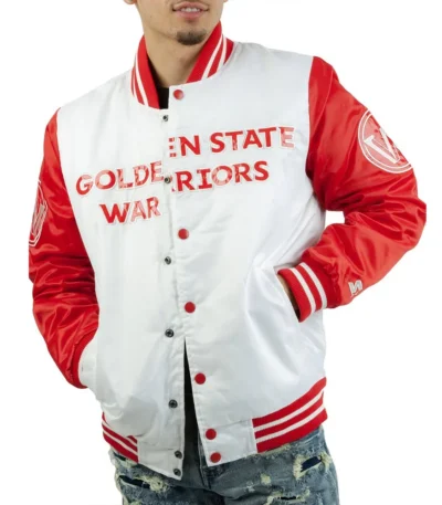 Golden State Warriors White and Red Satin Jacket