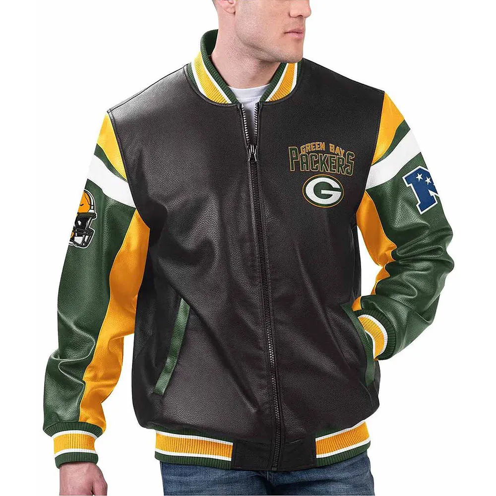 Green Bay Packers Black Varsity Full-Zip Leather Jacket Green Bay Packers Black Varsity Full-Zip Leather Jacket