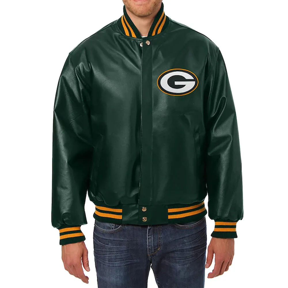 Green Bay Packers Bomber Varsity Green Leather Jacket Green Bay Packers Bomber Varsity Green Leather Jacket