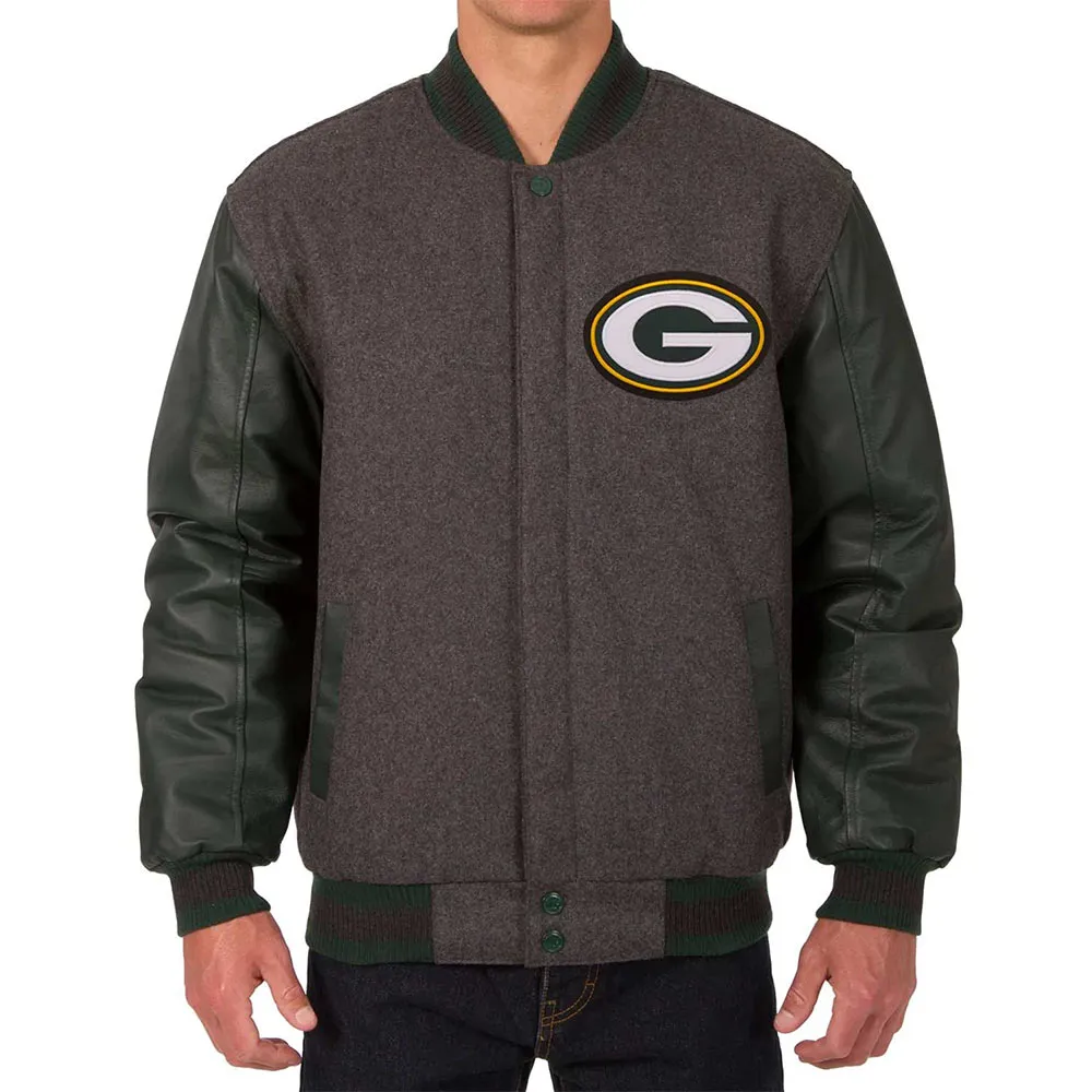Green Bay Packers Charcoal and Green Varsity Jacket Green Bay Packers Charcoal and Green Varsity Jacket