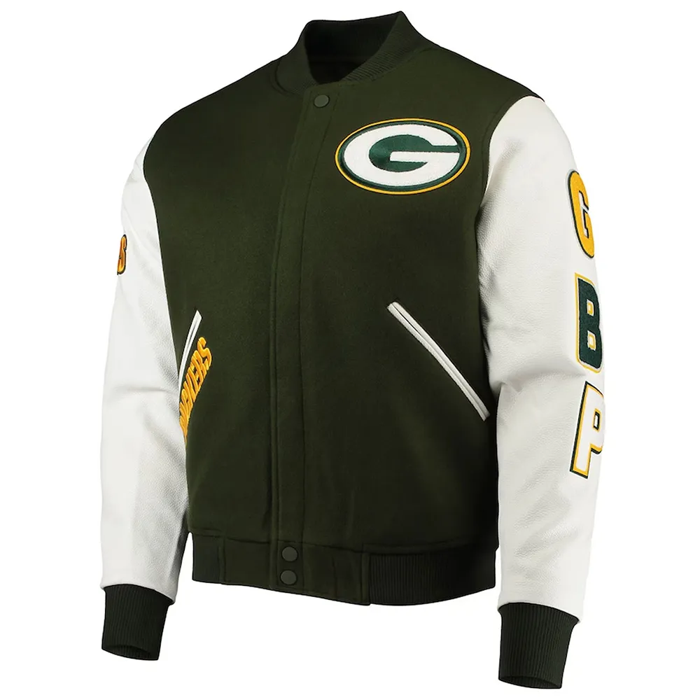 Green Bay Packers Logo Green and White Varsity Jacket Green Bay Packers Logo Green and White Varsity Jacket