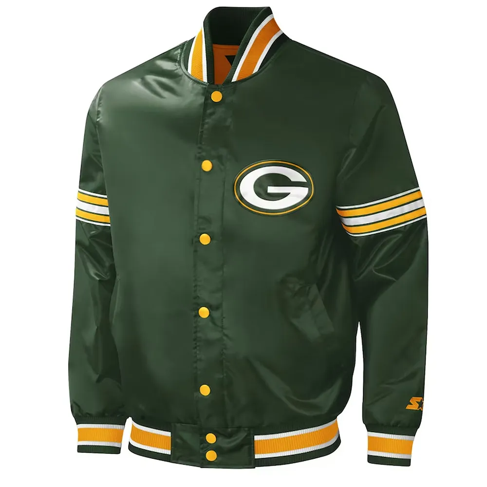 Green Bay Packers Midfield Varsity Green Satin Jacket Green Bay Packers Midfield Varsity Green Satin Jacket