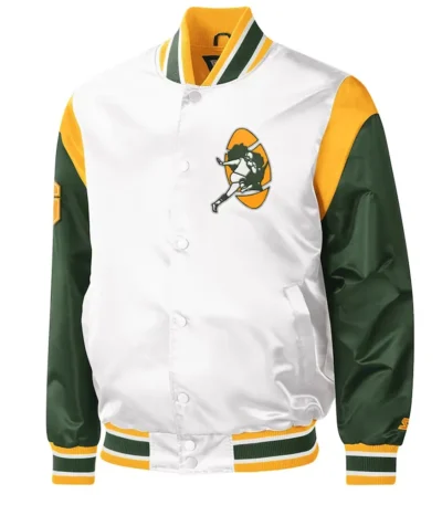 Green Bay Packers Throwback Warm Up Pitch White Varsity Satin Jacket