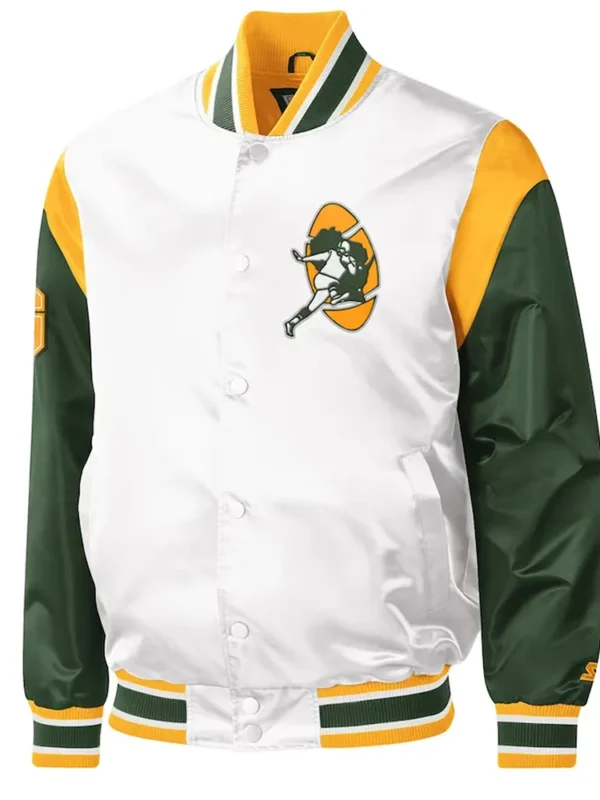 Green Bay Packers Throwback Warm Up Pitch White Varsity Satin Jacket