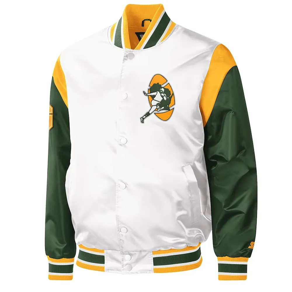 Green Bay Packers Throwback Warm Up Pitch White Varsity Satin Jacket Green Bay Packers Throwback Warm Up Pitch White Varsity Satin Jacket