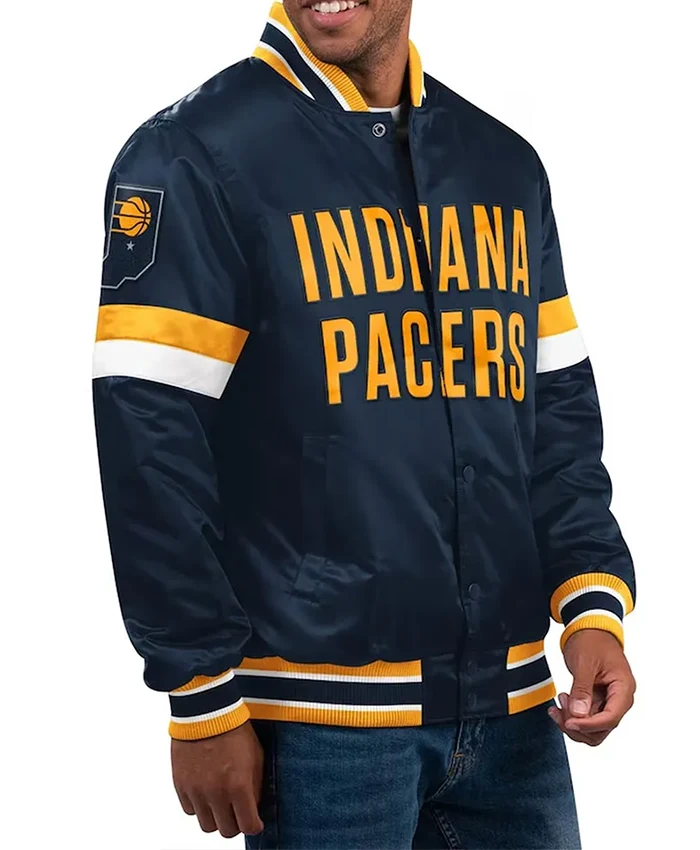 Home Game Indiana Pacers Navy Satin Bomber Jacket Home Game Indiana Pacers Navy Satin Bomber Jacket