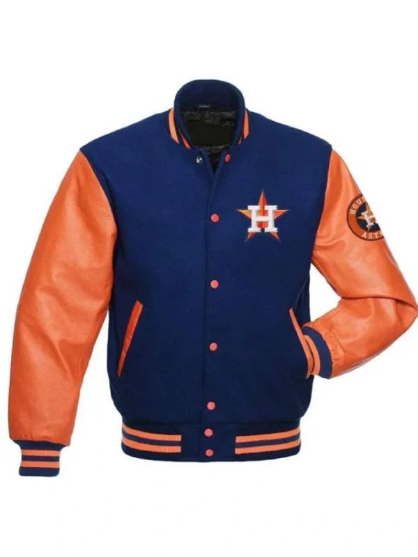 Houston Astros Blue and Orange Varsity Wool/Leather Jacket