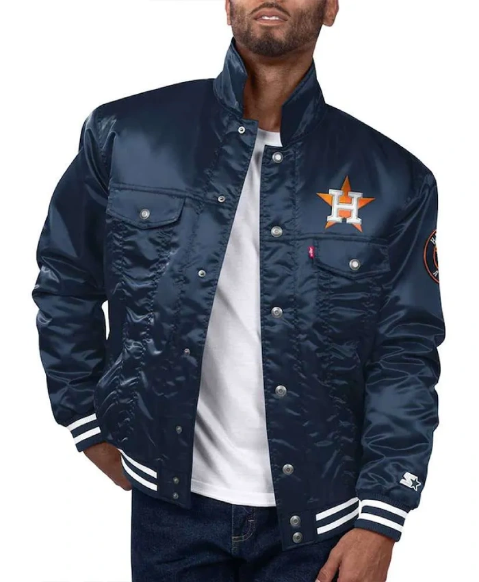 Houston Astros Navy Silver Tab Trucker Satin Jacket Houston Astros Navy Silver Tab Trucker Satin Jacket