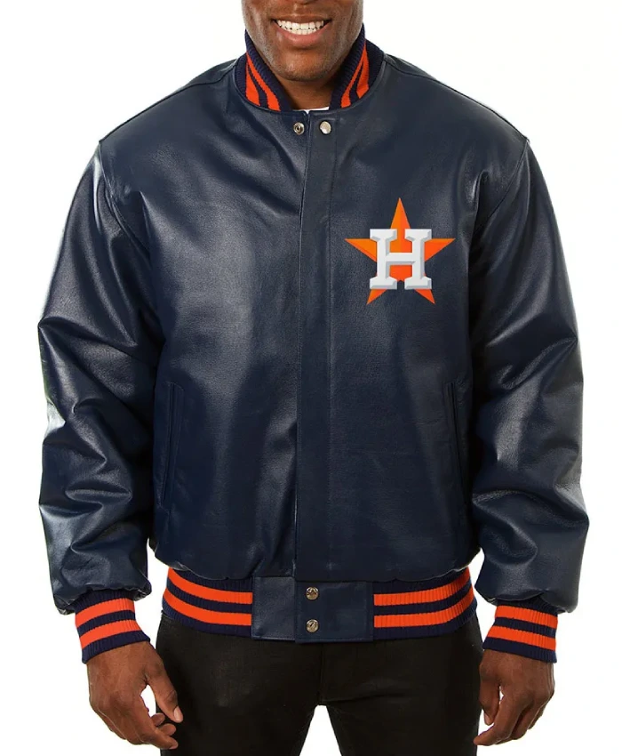 Houston Astros Navy Varsity Leather Jacket Houston Astros Navy Varsity Leather Jacket